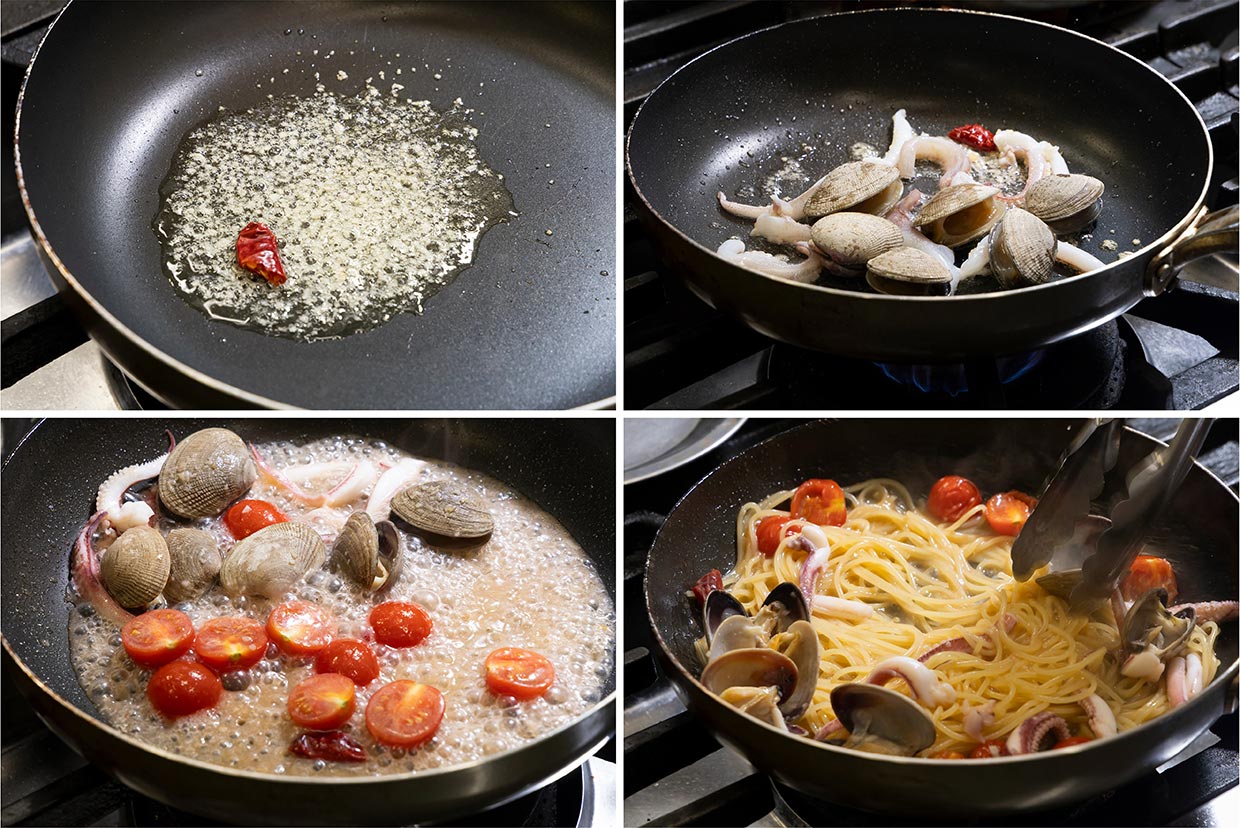 「魚介のフレッシュトマトペペロンチーノ」作り方