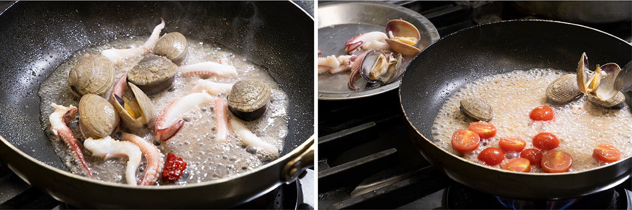 「魚介のフレッシュトマトペペロンチーノ」魚介を酒蒸しにする