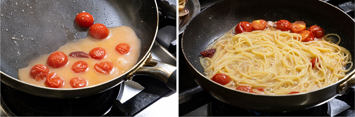 「魚介のフレッシュトマトペペロンチーノ」トマトを軽く煮詰める