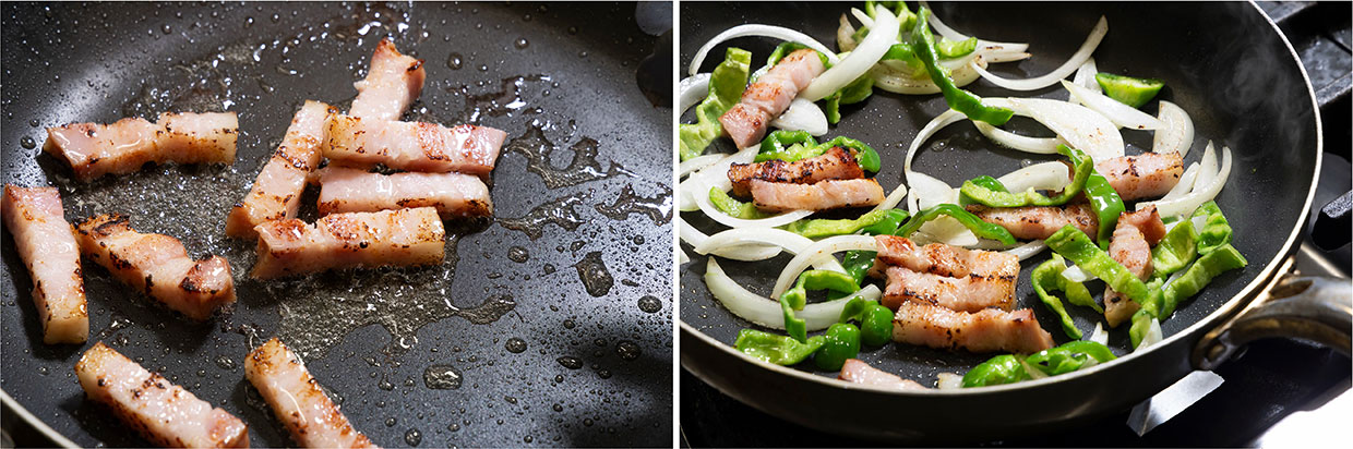 「ナポリタン」ベーコンと野菜を炒める
