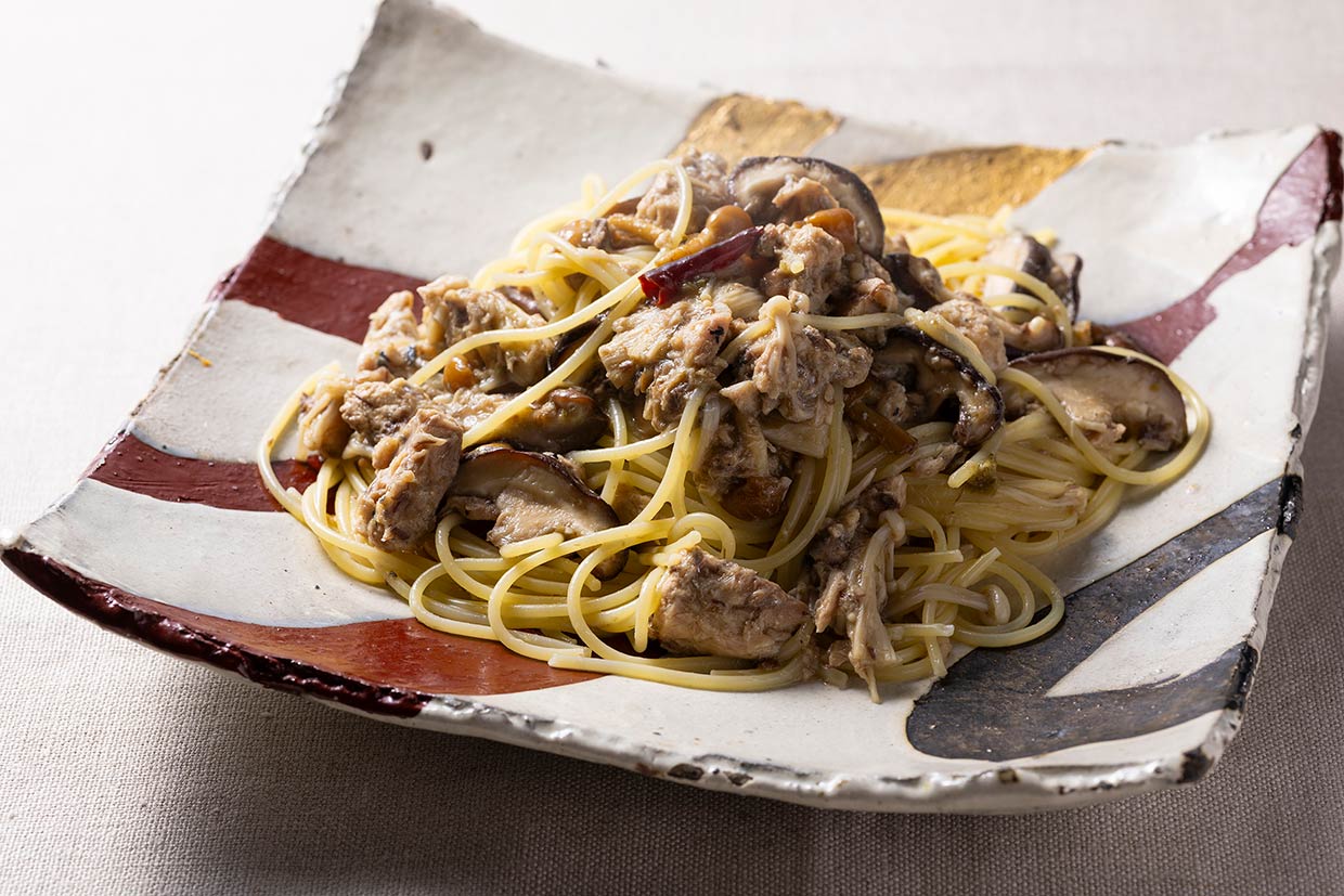 「鯖缶とキノコのパスタ 柚子胡椒風味」完成