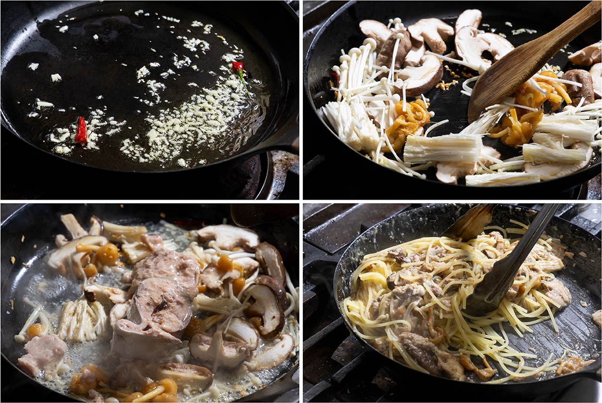 「鯖缶とキノコのパスタ 柚子胡椒風味」作り方