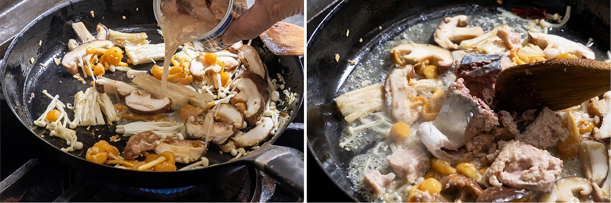 「鯖缶とキノコのパスタ 柚子胡椒風味」鯖缶