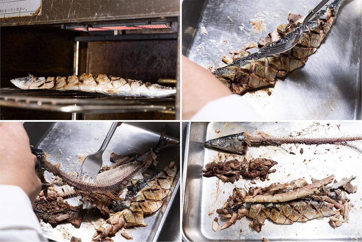 「焼き秋刀魚のオイルパスタ」サンマの身をほぐす