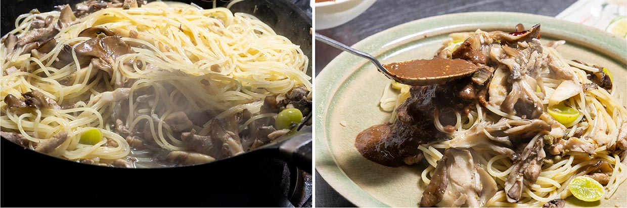 「焼き秋刀魚のオイルパスタ」ソースをかける