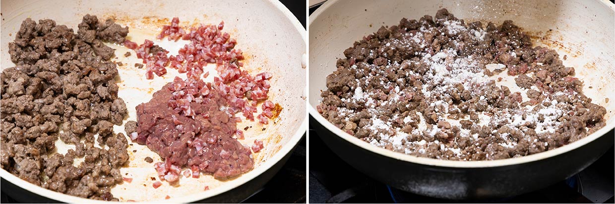 「ボロネーゼ」小麦粉をまぶす