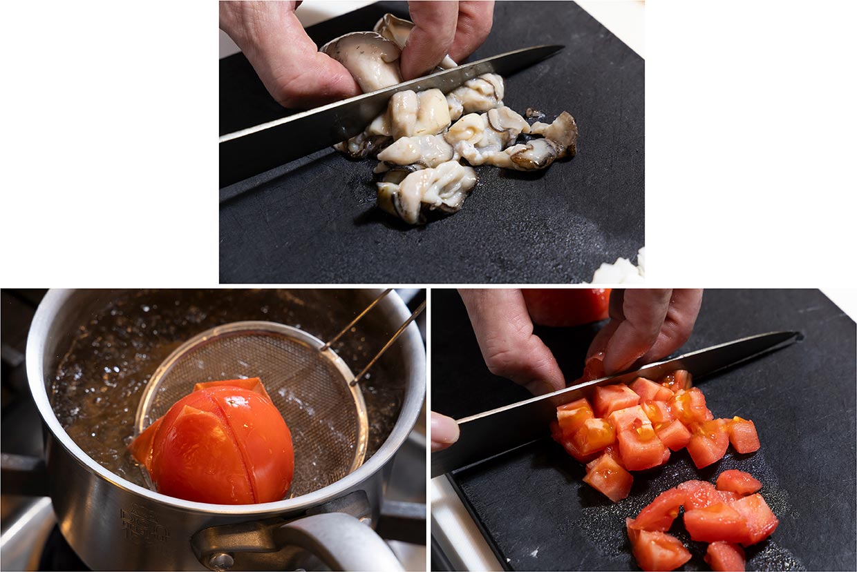 「牡蛎とフレッシュトマトの手打ちカサレッチェ」ソースを作る