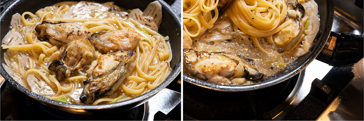 「牡蛎とレンコンのクリームパスタ」ソースと合わせる
