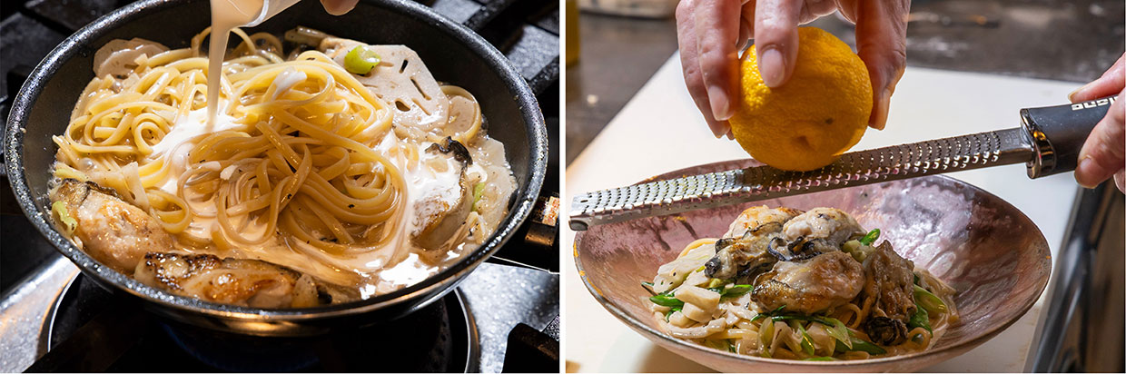 「牡蛎とレンコンのクリームパスタ」生クリームを加える