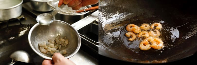 『神戸元町別館牡丹園』の焼きめしの作り方、エビを油通しする