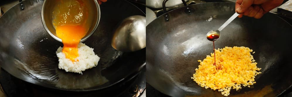 『神戸元町別館牡丹園』の焼きめしの作り方、白飯を加える