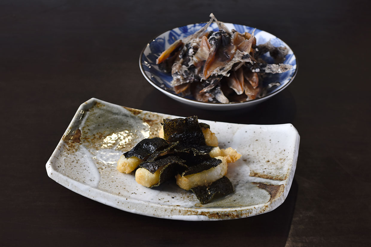 『源平桃』のねばりっこの磯辺揚げとホタルイカの干物