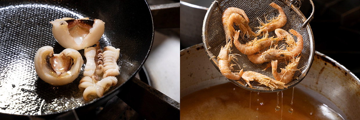 新イカのソテーと川津エビのフリット