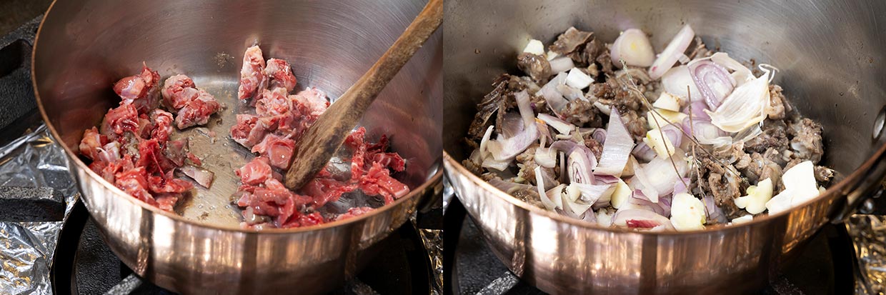 仔鳩の骨を炒め、香味野菜を加える