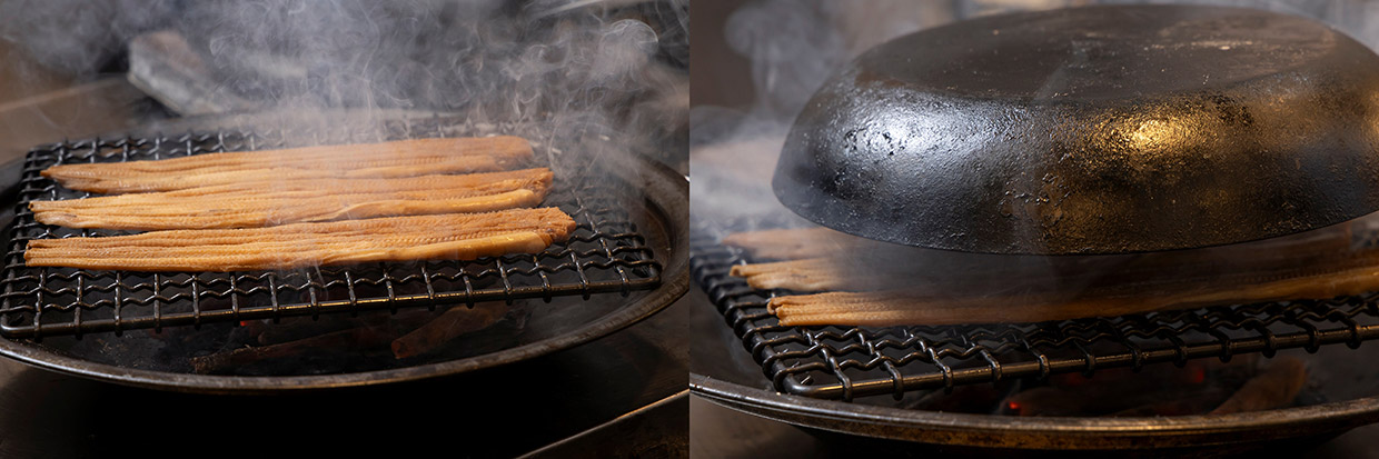 「瓢亭」の蒸し穴子を燻す