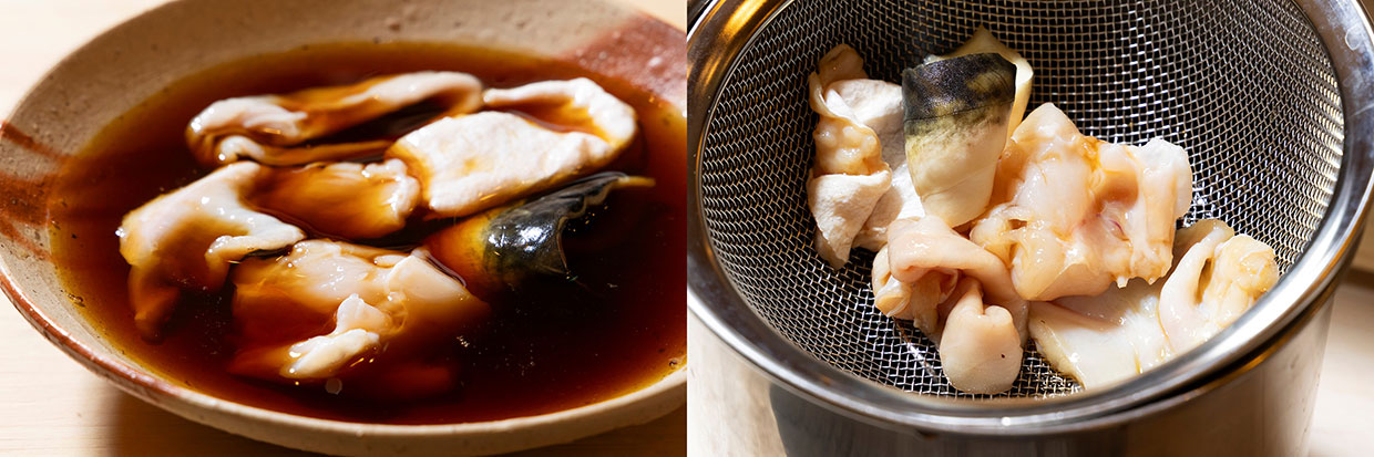 フグを醤油ダレに漬ける