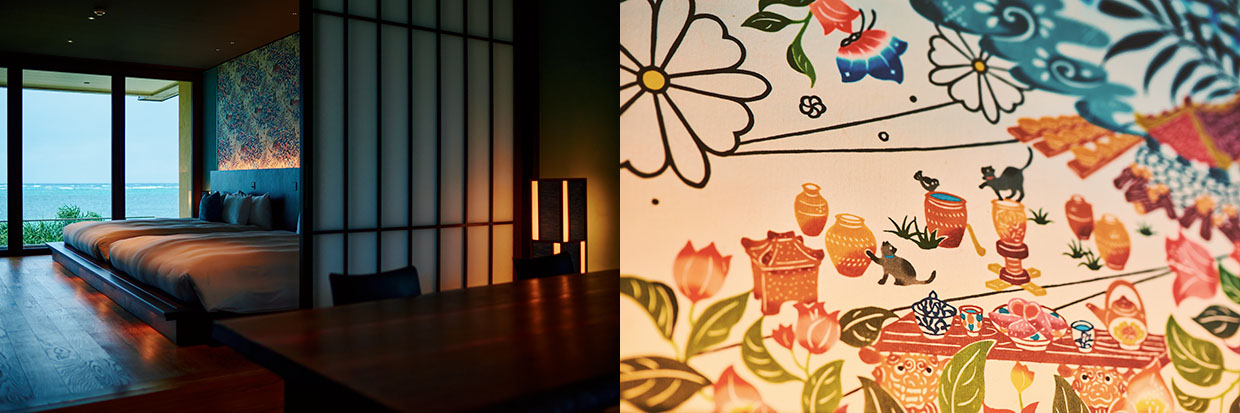 『星のや沖縄』の客室／ベッドルームを飾る琉球紅型